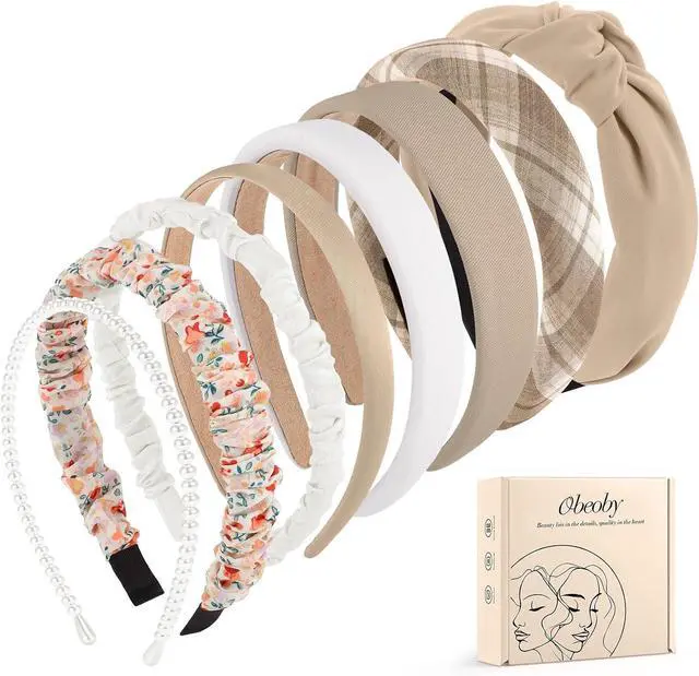 Main image of obeoby 8 Pack Trendy Headband for Women, Non Slip Neutral Hair Accessories | Pearl headband, Makeup Headbands, Girls Hairbands, 8 Mixed Styles, for Daily Wear, Makeup, Work, Parties, Gift Box Included