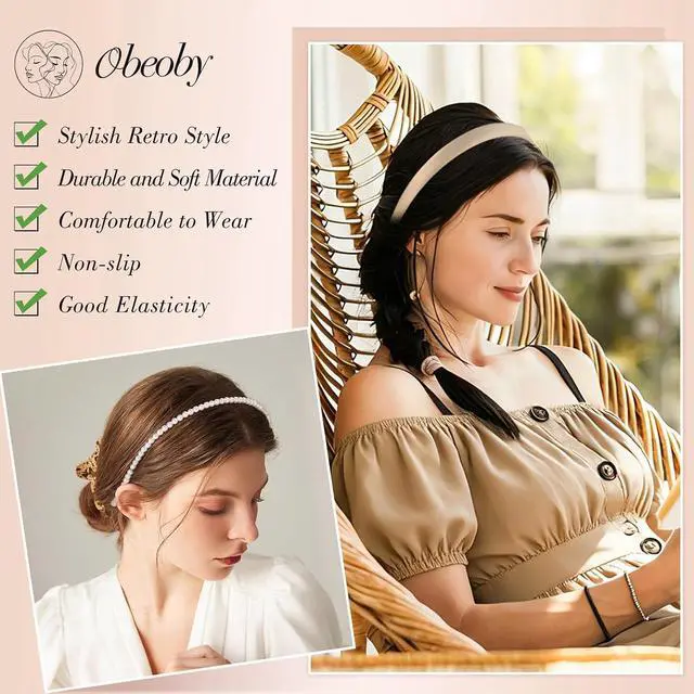 Alt view image 3 of 7 - obeoby 8 Pack Trendy Headband for Women, Non Slip Neutral Hair Accessories | Pearl headband, Makeup Headbands, Girls Hairbands, 8 Mixed Styles, for Daily Wear, Makeup, Work, Parties, Gift Box Included