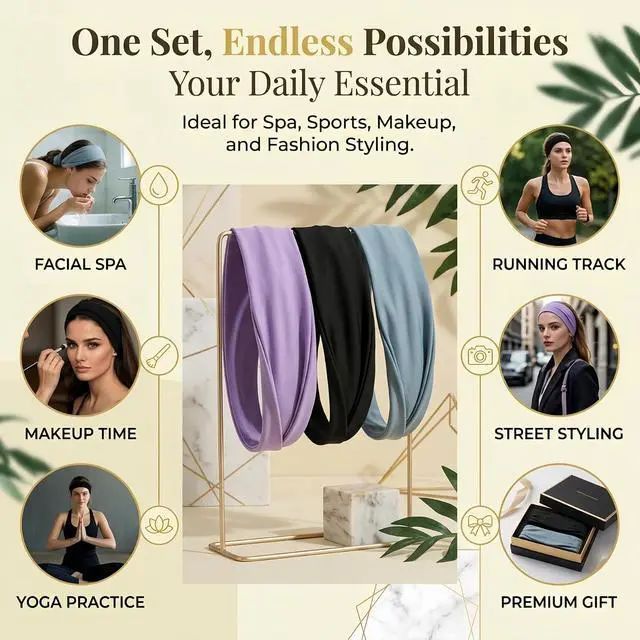 Alt view image 7 of 7 - Headbands for Women 3PCS Soft Elastic Non Slip Wide Hair Bands, Breathable Sweat-Wicking, Stylish for Workout, Makeup, Yoga, Running & Daily Wear (Colorful Three-Pack)