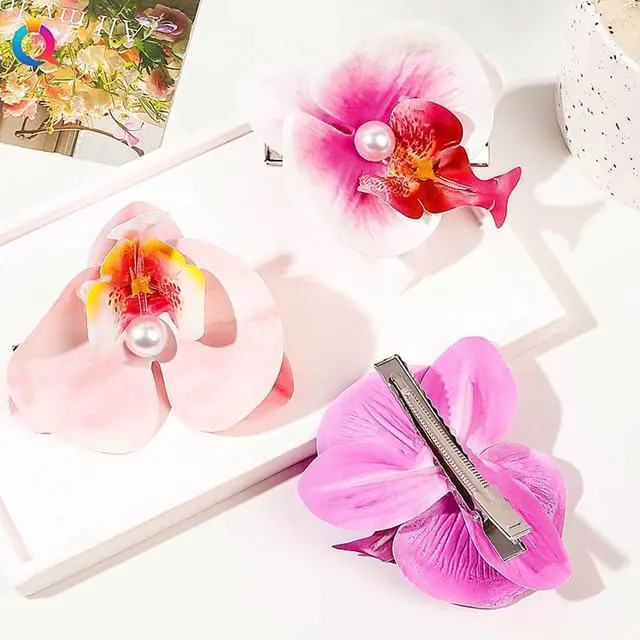 Alt view image 3 of 7 - Hawaiian Flower Hair Clip Fabric Artificial Flower Alligator Hair Clip Hairpin Barrette Headdress Bobby Pins Headwear Hair Accessories for Beach Holiday Party (Butterfly orchid)