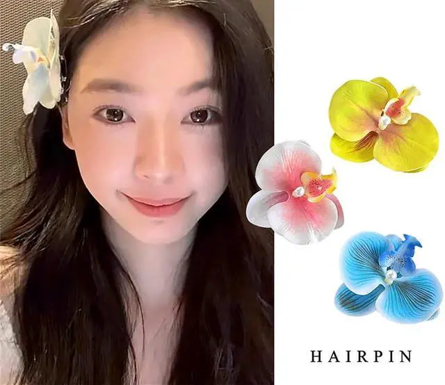Alt view image 6 of 7 - Hawaiian Flower Hair Clip Fabric Artificial Flower Alligator Hair Clip Hairpin Barrette Headdress Bobby Pins Headwear Hair Accessories for Beach Holiday Party (Butterfly orchid)