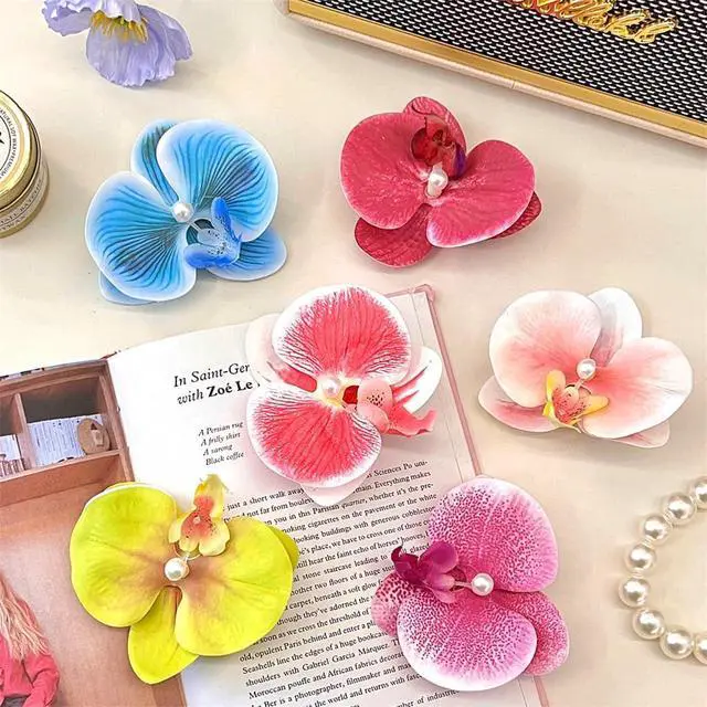Alt view image 5 of 7 - Hawaiian Flower Hair Clip Fabric Artificial Flower Alligator Hair Clip Hairpin Barrette Headdress Bobby Pins Headwear Hair Accessories for Beach Holiday Party (Butterfly orchid)