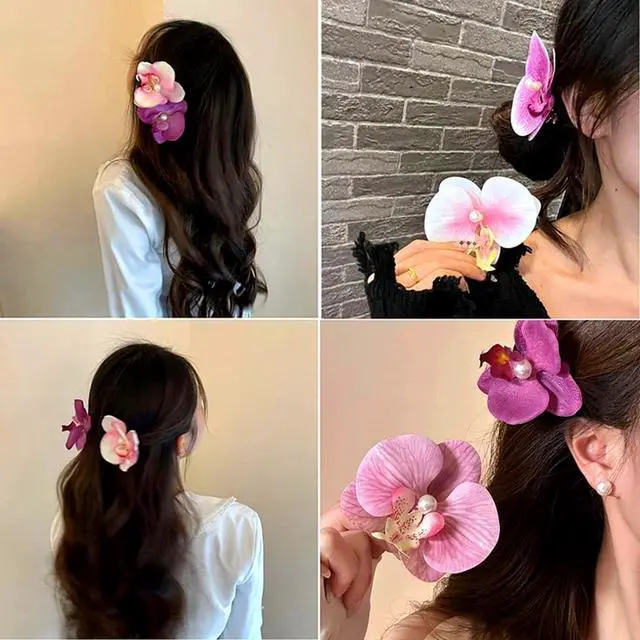 Alt view image 7 of 7 - Hawaiian Flower Hair Clip Fabric Artificial Flower Alligator Hair Clip Hairpin Barrette Headdress Bobby Pins Headwear Hair Accessories for Beach Holiday Party (Butterfly orchid)