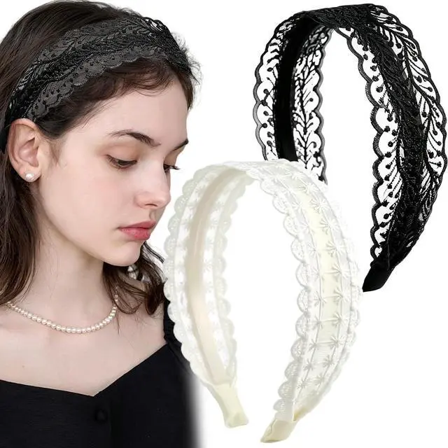 Main image of 2 Pack Vintage Lace Headbands for Women | Floral embroidered boho hairbands & hairhoops. Fashion lace head wrap for women, girls. For daily wear, parties, wedding.