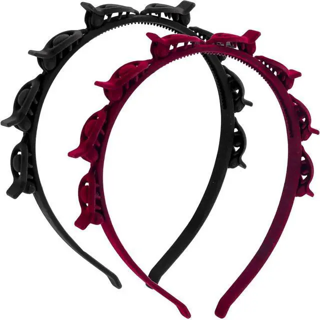 Main image of 2 Pack Clip Headband Hairclip Headband Bangs Hairpin Braided Toothed Hairband 90s Curly Hair Accessories for Women Girls Black and Wine Red