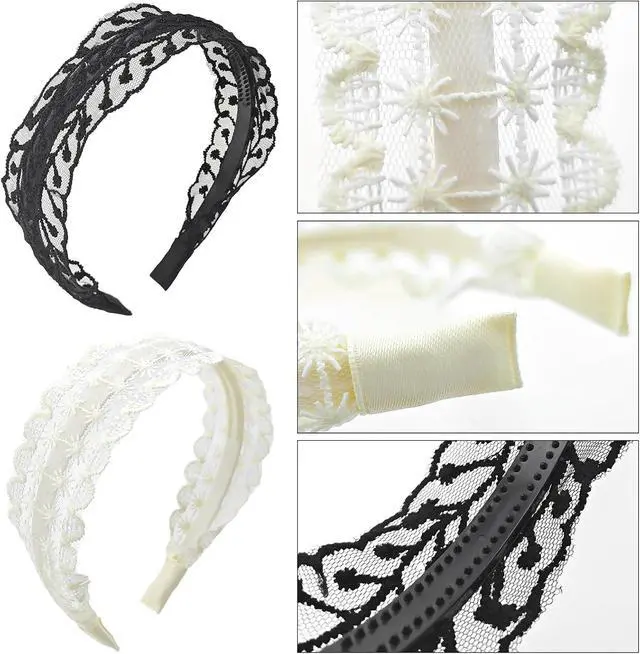 Alt view image 3 of 7 - 2 Pack Vintage Lace Headbands for Women | Floral embroidered boho hairbands & hairhoops. Fashion lace head wrap for women, girls. For daily wear, parties, wedding.