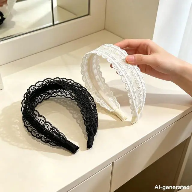 Alt view image 7 of 7 - 2 Pack Vintage Lace Headbands for Women | Floral embroidered boho hairbands & hairhoops. Fashion lace head wrap for women, girls. For daily wear, parties, wedding.