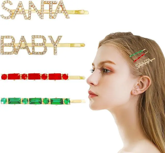 Main image of 4 Pcs Rhinestone Hair Clips Christmas Letter Baby Santa Hair Pins Crystal Bobby Pins Gold Hairpin Barrette for Christmas Festive Gift
