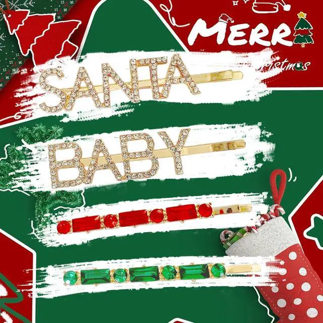 Alt view image 2 of 6 - 4 Pcs Rhinestone Hair Clips Christmas Letter Baby Santa Hair Pins Crystal Bobby Pins Gold Hairpin Barrette for Christmas Festive Gift