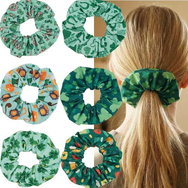Main image of St.Patrick's Day Scrunchies for Women & Girls, 6-pack Green Elastic Fabric Hair Ties No Damage No Crease, Lucky Clover Irish ponytail holders for Curly Thick Thin Hair (dark green)