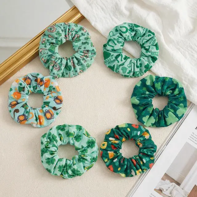 Alt view image 2 of 7 - St.Patrick's Day Scrunchies for Women & Girls, 6-pack Green Elastic Fabric Hair Ties No Damage No Crease, Lucky Clover Irish ponytail holders for Curly Thick Thin Hair (dark green)