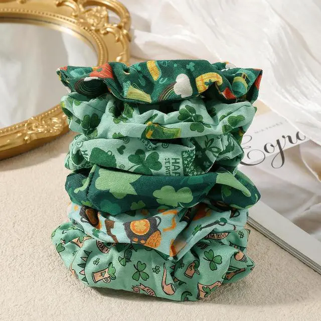 Alt view image 3 of 7 - St.Patrick's Day Scrunchies for Women & Girls, 6-pack Green Elastic Fabric Hair Ties No Damage No Crease, Lucky Clover Irish ponytail holders for Curly Thick Thin Hair (dark green)