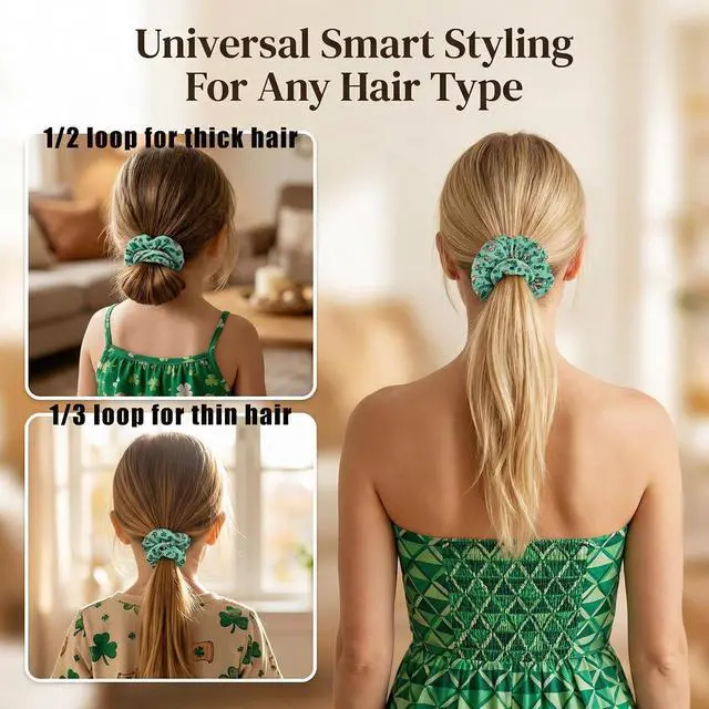 Alt view image 5 of 7 - St.Patrick's Day Scrunchies for Women & Girls, 6-pack Green Elastic Fabric Hair Ties No Damage No Crease, Lucky Clover Irish ponytail holders for Curly Thick Thin Hair (dark green)