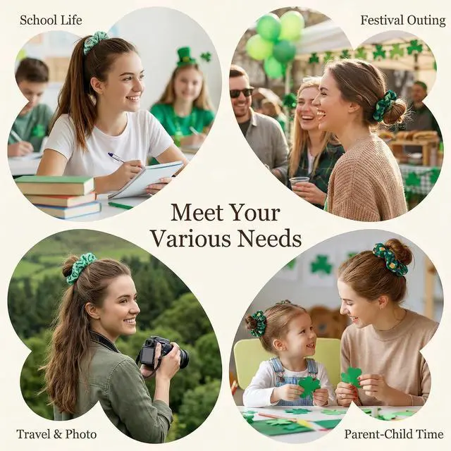 Alt view image 4 of 7 - St.Patrick's Day Scrunchies for Women & Girls, 6-pack Green Elastic Fabric Hair Ties No Damage No Crease, Lucky Clover Irish ponytail holders for Curly Thick Thin Hair (dark green)