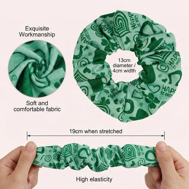 Alt view image 7 of 7 - St.Patrick's Day Scrunchies for Women & Girls, 6-pack Green Elastic Fabric Hair Ties No Damage No Crease, Lucky Clover Irish ponytail holders for Curly Thick Thin Hair (dark green)