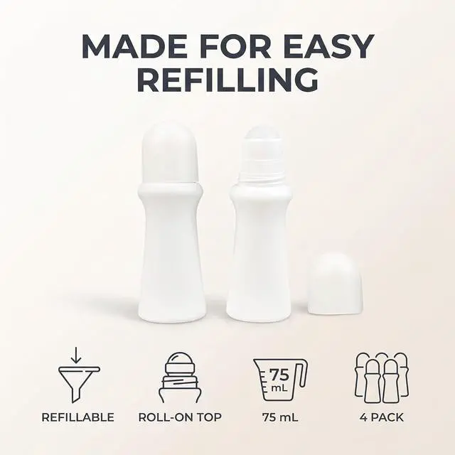 Alt view image 3 of 7 - 4 Pcs White 75ml Empty Refillable Plastic Roller Bottle Roll On Bottles Rollerball Bottles Containers for Essential Oil DIY Deodorant Roller Bottle Refillable Containers