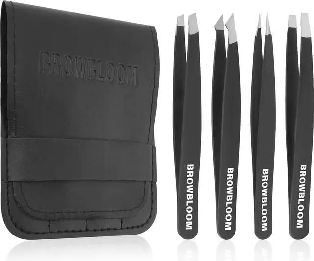Main image of 4Piece Set of Professional Tweezers for Women Facial Hair, Black Stainless Steel Precision Tweezer for Ingrown Hair, Eyebrow Tweezers for Men Comes in Carrying Pouch (Black Set)