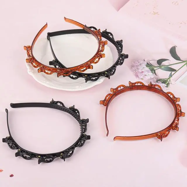 Alt view image 5 of 7 - acDesign 4 Pcs Headband with Clips, Professional Weave Bangs Hairstyle Hairpin Headband, Clip Headbands for Women (2Black and 2Red)