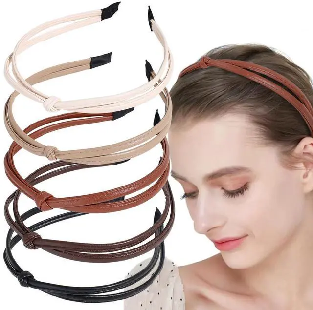 Main image of 5Pcs Knotted Headbands, Non-Slip PU Leather Fashion Cute Hair Accessories for Women and Girls (G016)