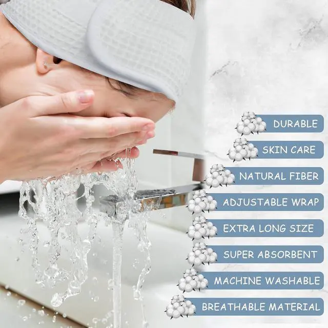 Alt view image 5 of 5 - (3 Pack Adjustable Facial Makeup Headband with Magic Tape Pure Natural Terry Waffle Sweat-Absorbent Facial Spa Headband Facial Washing Shower Wrap Yoga Sports Hairband (Waffle White)