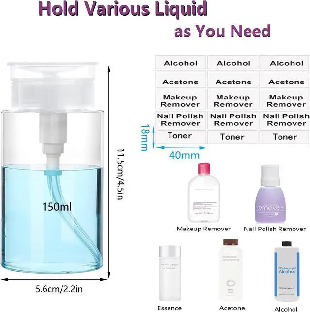Alt view image 2 of 6 - Push Down Pump Dispenser, 5.1oz Clear Pump Bottles with Alcohol, Acetone, Nail Polish Remover, Makeup Remover, Toner Stickers Empty Push Top Container for Liquid (150ml-2Pack)