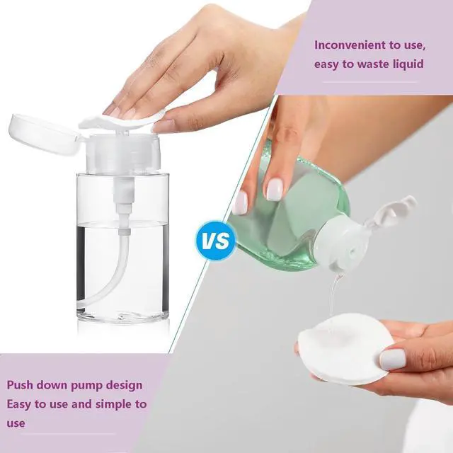 Alt view image 3 of 6 - Push Down Pump Dispenser, 5.1oz Clear Pump Bottles with Alcohol, Acetone, Nail Polish Remover, Makeup Remover, Toner Stickers Empty Push Top Container for Liquid (150ml-2Pack)