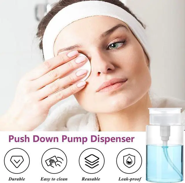 Alt view image 4 of 6 - Push Down Pump Dispenser, 5.1oz Clear Pump Bottles with Alcohol, Acetone, Nail Polish Remover, Makeup Remover, Toner Stickers Empty Push Top Container for Liquid (150ml-2Pack)