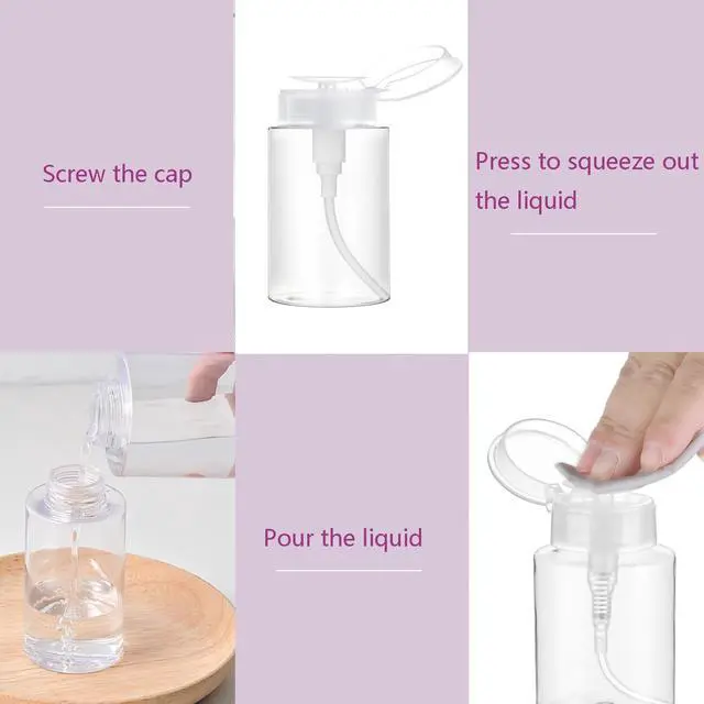 Alt view image 5 of 6 - Push Down Pump Dispenser, 5.1oz Clear Pump Bottles with Alcohol, Acetone, Nail Polish Remover, Makeup Remover, Toner Stickers Empty Push Top Container for Liquid (150ml-2Pack)