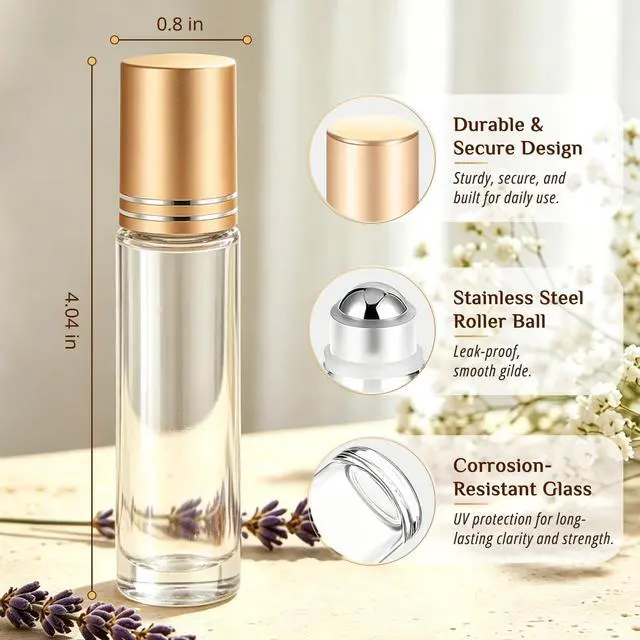 Alt view image 3 of 7 - PrettyCare 4 Pack, 10 ml Essential Oil Roller Bottles with Stainless Steel Roller Ball - Refillable Leak-proof Empty Thick Clear Glass Roll on Bottles with Metal Caps for Travel, Perfume