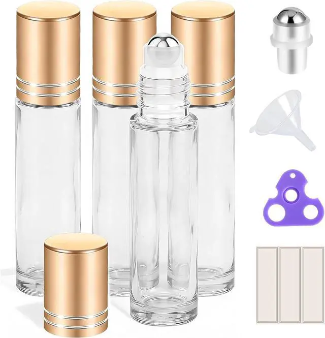 Main image of PrettyCare 4 Pack, 10 ml Essential Oil Roller Bottles with Stainless Steel Roller Ball - Refillable Leak-proof Empty Thick Clear Glass Roll on Bottles with Metal Caps for Travel, Perfume