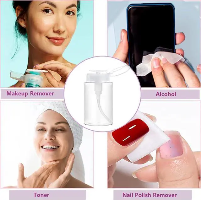 Alt view image 6 of 6 - Push Down Pump Dispenser, 5.1oz Clear Pump Bottles with Alcohol, Acetone, Nail Polish Remover, Makeup Remover, Toner Stickers Empty Push Top Container for Liquid (150ml-2Pack)