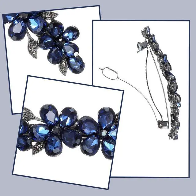 Alt view image 3 of 7 - Blue Flower Rhinestone Hair Clips Sparkly Crystal Bridal Hairclip | Fancy Rhinestone Hair Clips Clothespin Accessories for Women Bridal Wedding Bride Prom Flower Girls(1 Pcs)