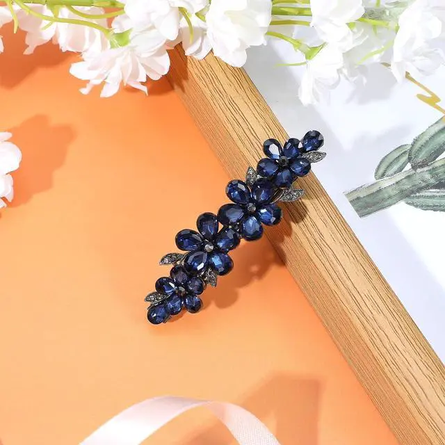 Alt view image 4 of 7 - Blue Flower Rhinestone Hair Clips Sparkly Crystal Bridal Hairclip | Fancy Rhinestone Hair Clips Clothespin Accessories for Women Bridal Wedding Bride Prom Flower Girls(1 Pcs)