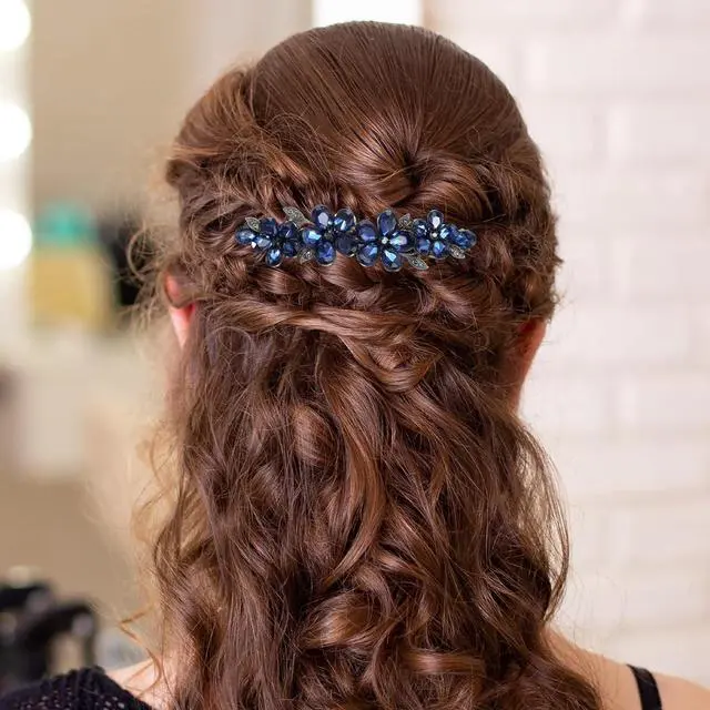 Alt view image 6 of 7 - Blue Flower Rhinestone Hair Clips Sparkly Crystal Bridal Hairclip | Fancy Rhinestone Hair Clips Clothespin Accessories for Women Bridal Wedding Bride Prom Flower Girls(1 Pcs)