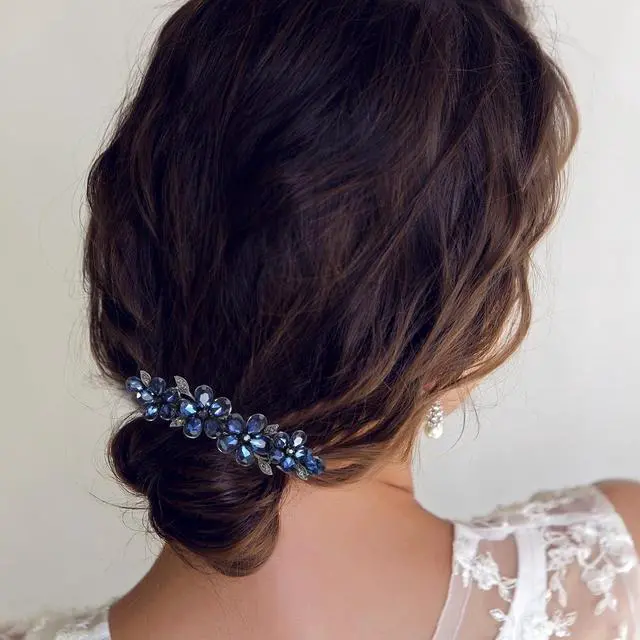Alt view image 7 of 7 - Blue Flower Rhinestone Hair Clips Sparkly Crystal Bridal Hairclip | Fancy Rhinestone Hair Clips Clothespin Accessories for Women Bridal Wedding Bride Prom Flower Girls(1 Pcs)