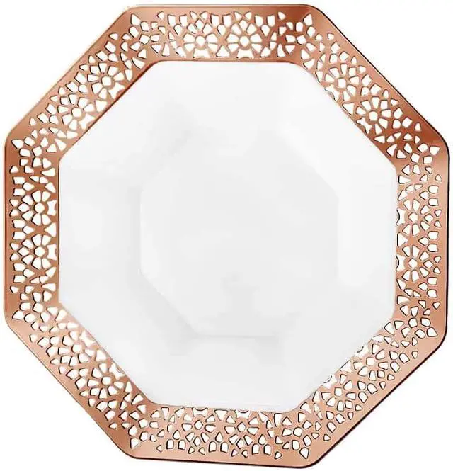 Alt view image 7 of 7 - Lacetagon Rose Gold Premium Plastic Octagonal Dessert Bowl - 5 oz. (Packs of 10) - Perfect for Parties, Weddings, and Events