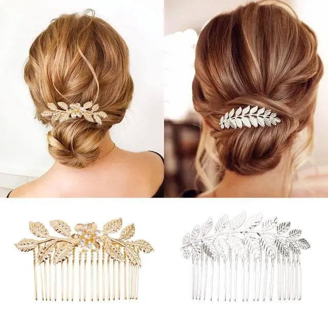 Alt view image 3 of 7 - 6 PCS Leaf Hair Side Combs Gold Rhinestone Hair Comb Clips with Teeth Wedding Headpiece Hair Accessories for Women, Girls, Bride, Bridesmaid(Gold and Silver)