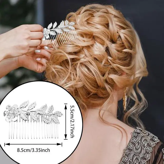 Alt view image 4 of 7 - 6 PCS Leaf Hair Side Combs Gold Rhinestone Hair Comb Clips with Teeth Wedding Headpiece Hair Accessories for Women, Girls, Bride, Bridesmaid(Gold and Silver)