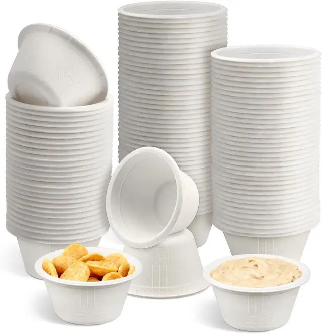 Main image of LeonBach 100 Pack 2 oz Natural Bagasse Fiber Paper Bowls, White | Compostable Disposable Condiment Cup, for Sauce Dipping, Snack Sample Tasting, Microwavable Safe Biodegradable Food Container