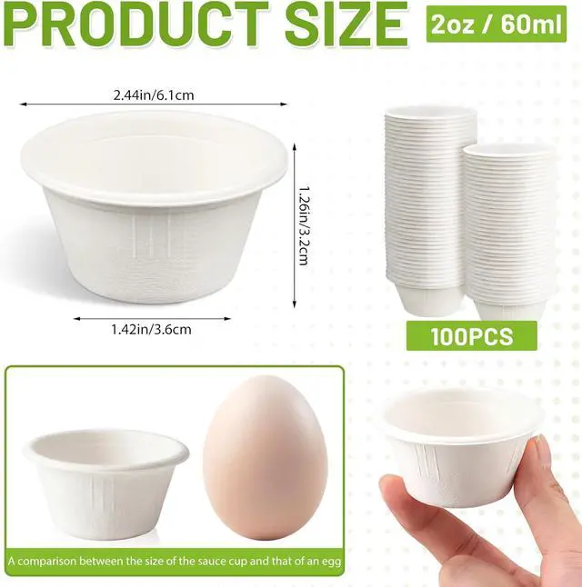 Alt view image 2 of 7 - LeonBach 100 Pack 2 oz Natural Bagasse Fiber Paper Bowls, White | Compostable Disposable Condiment Cup, for Sauce Dipping, Snack Sample Tasting, Microwavable Safe Biodegradable Food Container