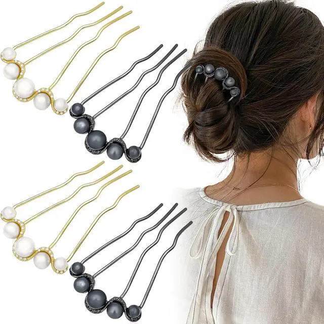 Main image of Decorative Side Hair Combs for Women, Pearl French Twist Hair Pins | 3 Prong Hair Fork, Metal U Shape Hair Pin Clip for Buns, Updos - Gold & Black, 4pcs