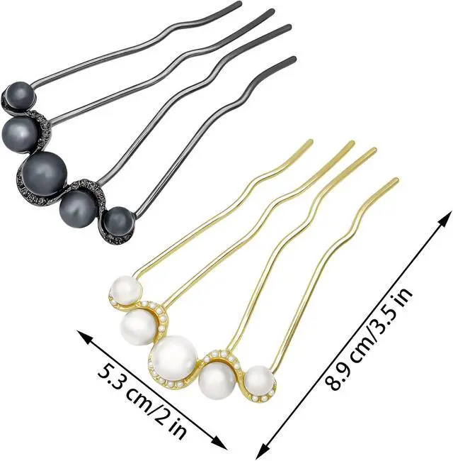 Alt view image 2 of 7 - Decorative Side Hair Combs for Women, Pearl French Twist Hair Pins | 3 Prong Hair Fork, Metal U Shape Hair Pin Clip for Buns, Updos - Gold & Black, 4pcs