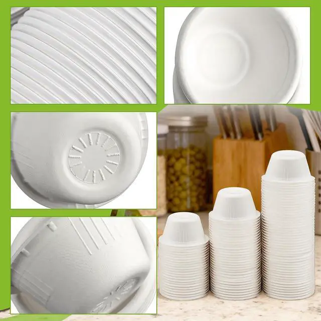 Alt view image 3 of 7 - LeonBach 100 Pack 2 oz Natural Bagasse Fiber Paper Bowls, White | Compostable Disposable Condiment Cup, for Sauce Dipping, Snack Sample Tasting, Microwavable Safe Biodegradable Food Container