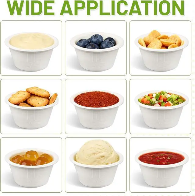 Alt view image 4 of 7 - LeonBach 100 Pack 2 oz Natural Bagasse Fiber Paper Bowls, White | Compostable Disposable Condiment Cup, for Sauce Dipping, Snack Sample Tasting, Microwavable Safe Biodegradable Food Container
