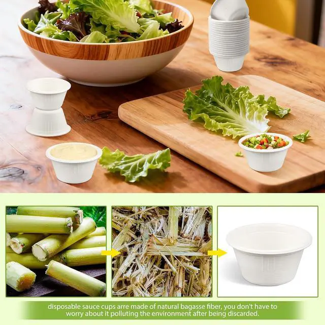 Alt view image 5 of 7 - LeonBach 100 Pack 2 oz Natural Bagasse Fiber Paper Bowls, White | Compostable Disposable Condiment Cup, for Sauce Dipping, Snack Sample Tasting, Microwavable Safe Biodegradable Food Container