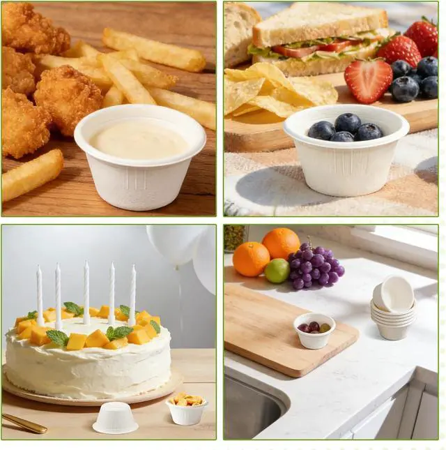 Alt view image 6 of 7 - LeonBach 100 Pack 2 oz Natural Bagasse Fiber Paper Bowls, White | Compostable Disposable Condiment Cup, for Sauce Dipping, Snack Sample Tasting, Microwavable Safe Biodegradable Food Container