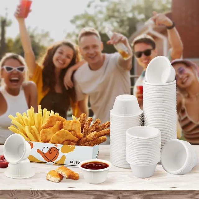 Alt view image 7 of 7 - LeonBach 100 Pack 2 oz Natural Bagasse Fiber Paper Bowls, White | Compostable Disposable Condiment Cup, for Sauce Dipping, Snack Sample Tasting, Microwavable Safe Biodegradable Food Container