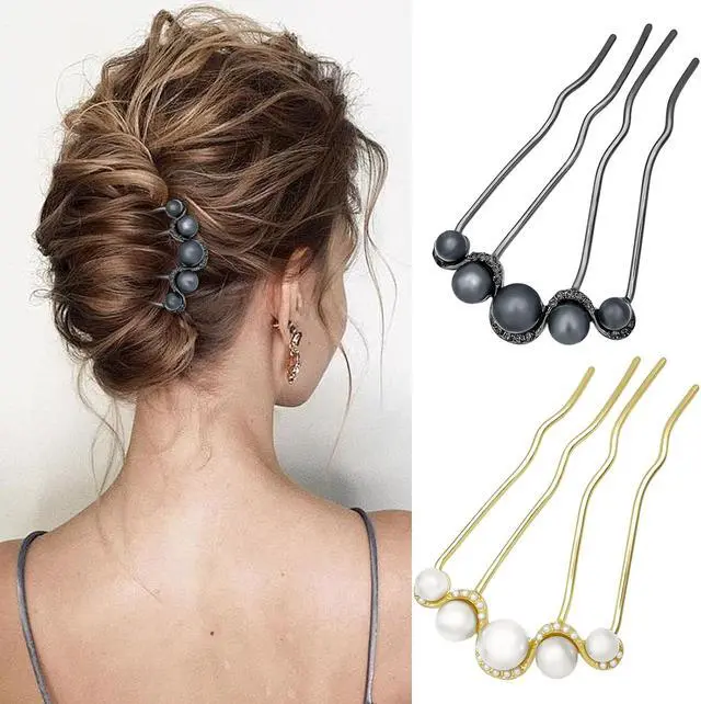 Alt view image 7 of 7 - Decorative Side Hair Combs for Women, Pearl French Twist Hair Pins | 3 Prong Hair Fork, Metal U Shape Hair Pin Clip for Buns, Updos - Gold & Black, 4pcs