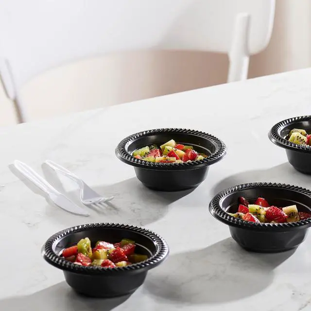 Alt view image 3 of 7 - PLASTICPRO 100 PCS Black Plastic Bowls Light Weight 5 oz Small Plastic Soup Bowls Black Salad Dessert Plates Disposable for Party and Wedding