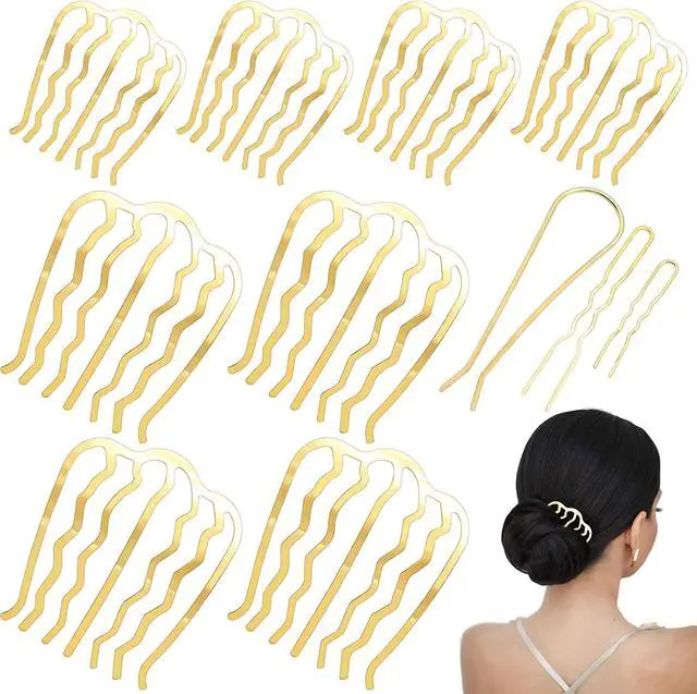 Main image of 11 Pieces Hair Side Combs Metal Hair Fork Clip French Twist Comb Updo Hair Stick, U-Shape Teeth Styling Tools Messy Bun Maker Vintage Hairstyle Pins Accessories for Women and Girls (Gold)